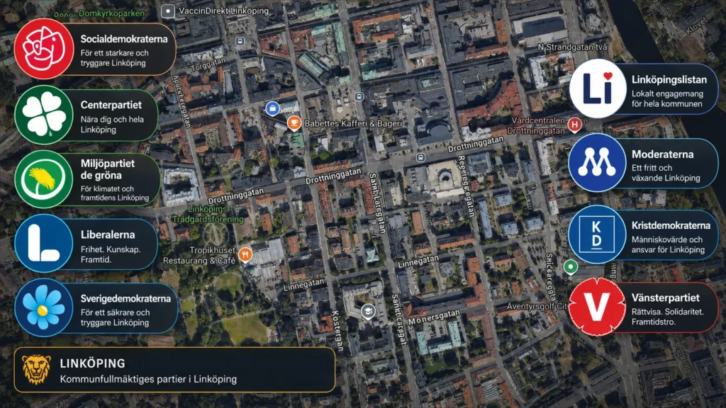 Linköpings kommunfullmäktige partier karta drottninggatan